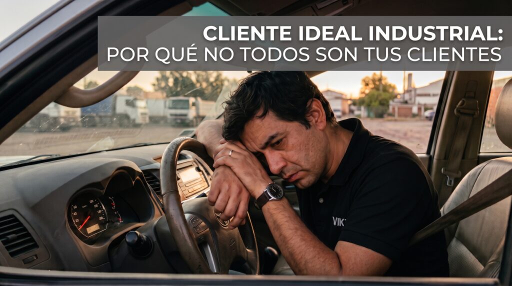 Vendedor cansado en su carro tras visitar a un cliente que no era su cliente ideal industrial